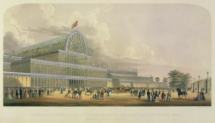 Das Querschiff des Kristallpalastes, vom Prince of Wales Gate, skizziert und gezeichnet von C. Burton, veröffentlicht von Ackermann und Co., 1881